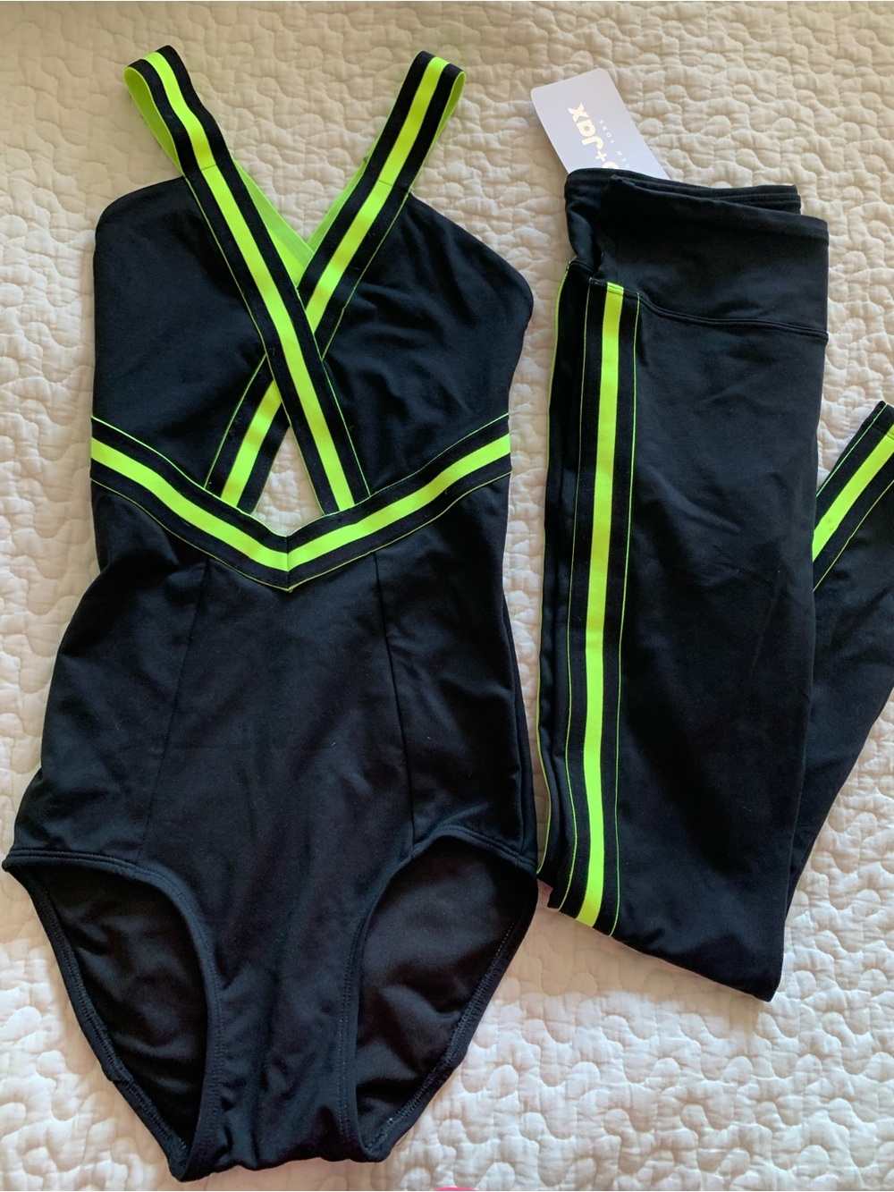 Jo + Jax women’s black leotard and racer leggings with bright lime stripe **